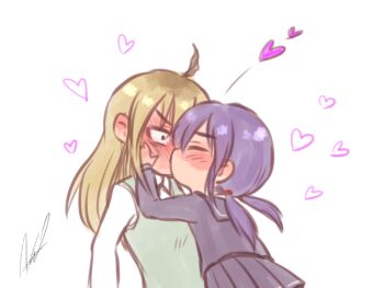 Rule 34 | 2girls, ^^^, ahoge, anger vein, aosora (mizore), black eyes, black serafuku, black shirt, black skirt, blonde hair, blush, closed eyes, collared shirt, commentary request, covered mouth, empty eyes, from behind, green sweater vest, hair between eyes, hands on another's face, hands up, hayano yuuki, heart, kiss, long hair, long sleeves, looking at another, low twintails, multiple girls, original, pleated skirt, purple hair, school uniform, serafuku, shirt, sidelocks, signature, simple background, skirt, surprise kiss, surprised, sweater vest, twintails, upper body, v-shaped eyebrows, white background, white shirt, wide-eyed, yazaki shiori, yuri