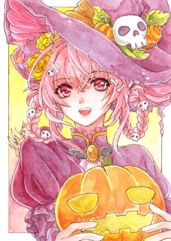 1girl braid braided_hair_rings brooch commentary dated english_commentary eyelashes fangs hair_ornament hair_rings halloween hat hayashinomura holding holding_pumpkin jack-o'-lantern jewelry medium_hair original painting_(medium) pink_hair pumpkin red_eyes signature skull_hair_ornament smile solo traditional_media upper_body watercolor_(medium) witch_hat