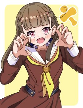 Rule 34 | 1girl, :d, border, braid, brown dress, brown hair, center-flap bangs, character logo, claw pose, commentary, cowboy shot, dress, hashtag-only commentary, hasu no sora school uniform, highres, kachimachi kosuzu, link! like! love live!, long hair, long sleeves, looking at viewer, love live!, neckerchief, open mouth, outside border, pink eyes, pleated dress, sailor collar, sailor dress, school uniform, side braids, simple background, smile, solo, standing, tange murasaki, v-shaped eyebrows, virtual youtuber, white border, white sailor collar, winter uniform, yellow background, yellow neckerchief