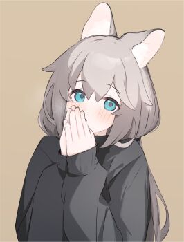 Rule 34 | 1girl, animal ear fluff, animal ears, black shirt, blue eyes, blush, breathing on hands, brown background, brown hair, commentary request, hair between eyes, hands up, highres, long hair, long sleeves, looking at viewer, original, own hands together, parted lips, puffy long sleeves, puffy sleeves, riya (01214), shirt, simple background, sleeves past wrists, solo, upper body, very long hair