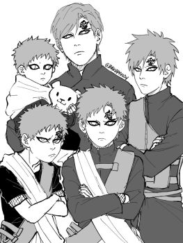 5boys aged_down bakapandy boruto:_naruto_next_generations carrying carrying_person child commentary crossed_arms english_commentary eyeliner facial_mark fishnet_sleeves fishnets forehead_mark frown gaara_(naruto) greyscale highres holding holding_stuffed_toy makeup male_focus monochrome multiple_boys multiple_persona naruto_(classic) naruto_(series) naruto_shippuuden sash stuffed_animal stuffed_toy teddy_bear twitter_username