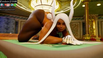 1girl 3d animal_ears ass black_footwear blender_(medium) boku_no_hero_academia brown_pantyhose casino dark-skinned_female dark_skin detached_collar ember21hk gloves highres long_eyelashes long_hair looking_at_viewer mirko muscular muscular_female no_pants on_table pantyhose playboy_bunny rabbit_ears rabbit_girl rabbit_tail red_eyes smirk solo table tail thick_thighs thighs toned top-down_bottom-up topless_female white_gloves white_hair