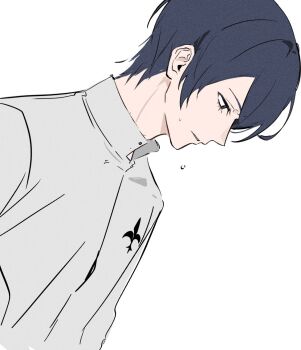 1boy blue_hair channel_0513 closed_mouth collared_shirt eyelashes kitagawa_yuusuke looking_down male_focus parted_bangs persona persona_5 profile shirt simple_background solo upper_body white_background white_shirt