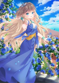 1girl arami_o_8 blonde_elf_(sugarnut) blonde_hair blue_eyes blue_flower blue_rose blue_sky column commission dress flower highres long_hair off-shoulder_dress off_shoulder open_mouth original outdoors pillar plant pointy_ears rose second-party_source sky tiara very_long_hair vines