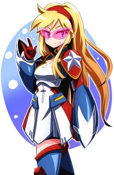 Rule 34 | 1girl, \m/, armor, armored boots, blonde hair, blue boots, blue eyes, boots, breasts, cleavage, closed mouth, clothing cutout, commentary request, cowboy shot, dress, gloves, hairband, highres, kamen america (comic), kamen victory, looking to the side, medium breasts, pauldrons, pink-tinted eyewear, red gloves, red hairband, sakurajyousui nami, shoulder armor, small sweatdrop, solo, standing, star cutout, sunglasses, thigh boots, tinted eyewear, vambraces, white dress