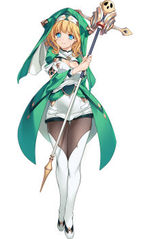 1girl blonde_hair blue_eyes breasts choukou_(alicesoft) choukou_taisen_escalation_heroines cleavage full_body hanny highres holding holding_staff looking_at_viewer medium_breasts min-naraken minazuki_hanii nun official_art priestess short_hair smile staff tachi-e