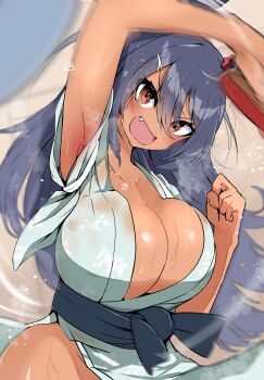 1girl absurdres akizuki_shigure alternate_breast_size_(larger) animal_ears arm_up armpits ball black_hair blurry blurry_background blurry_foreground blush breasts brown_eyes dark-skinned_female dark_skin double-parted_bangs ear_scrunchie fang groin hair_between_eyes hand_up highres hishi_amazon_(umamusume) holding holding_paddle holding_table_tennis_paddle horse_ears huge_breasts japanese_clothes kimono long_hair looking_at_viewer motion_blur open_mouth paddle paid_reward_available scrunchie shiny_skin solo sweat table_tennis_paddle umamusume up_sleeve upper_body v-shaped_eyebrows very_long_hair
