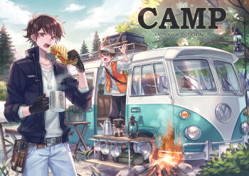 2boys :d bag belt black_gloves black_jacket blue_sky brown_belt brown_eyes brown_hair brown_headwear brown_shorts campfire camping car cloud coffee_maker coffee_pot collarbone commentary_request cooler cowboy_shot cup day denim denim_shorts dog_tags english_text food forest gloves hair_between_eyes hat highres holding holding_cup holding_food hood hood_down hoodie jacket lamp long_sleeves looking_at_viewer male_focus motor_vehicle mountain multiple_boys nature open_clothes open_jacket open_mouth orange_vest original recreational_vehicle sandwich shirt shorts sidelocks sky smile standing steam suzaku_(zaku6584) table tree utility_belt vehicle_focus vest volkswagen_type_2 white_hoodie white_shirt