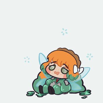 &gt;_&lt; 1girl :3 @_@ animated animated_gif armor blush chibi closed_eyes colored_tips drooling drunk e.g.o_(project_moon) fairy_wings falling_asleep freckles green_eyes highres ishmael_(project_moon) liliox_ciel limbus_company long_hair mouth_drool multicolored_hair necktie orange_hair project_moon red_necktie sitting slime_(substance) sloshing_(e.g.o) solo squeans two-tone_hair very_long_hair wings wobbly