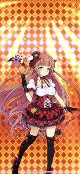 1girl aqua_eyes black_gloves boots breasts cleavage demon demon_girl demon_horns demon_tail dress gloves hat high_heels highres horns long_hair mini_hat orange_hair plaid_clothes plaid_dress puffy_short_sleeves puffy_sleeves red_dress red_hair selina_falset shirt short_sleeves tail thigh_boots uchi_no_hime-sama_ga_ichiban_kawaii white_shirt