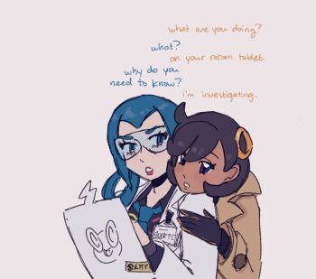 2girls black_gloves black_shirt blue_eyes blue_hair blue_necktie brown_coat brown_hair coat commentary dark-skinned_female dark_skin emma_(pokemon) english_commentary english_text glasses gloves hair_ornament head_on_another&#039;s_shoulder lab_coat looking_at_another loose_necktie mable_(pokemon) marcy_(offthem00n) medium_hair multiple_girls necktie nintendo pokemon pokemon_legends:_z-a purple_eyes shirt short_hair table white_background yuri