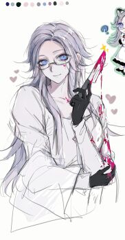 Rule 34 | 1girl, ?, animal ears, aotsuki eito, apron, autism05774, black dress, black gloves, blood, blood on clothes, blood on face, bloody knife, cat ears, cat girl, chibi, chibi inset, color guide, commentary, dress, elbow rest, frilled apron, frills, genderswap, genderswap (mtf), glasses, gloves, grey hair, heart, highres, holding, holding knife, jacket, jacket partially removed, kemonomimi mode, knife, long hair, looking at viewer, maid, maid apron, pink blood, purple eyes, shirt, sketch, smile, sparkle, symbol-only commentary, the hundred line -last defense academy-, white apron, white background, white jacket, white shirt