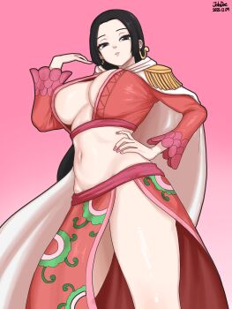 1girl artist_name black_eyes black_hair boa_hancock breasts cape cleavage crop_top dated earrings epaulettes hand_on_own_hip hand_up huge_breasts jewelry long_hair long_sleeves looking_at_viewer midriff nail_polish navel no_bra one_piece parted_bangs parted_lips pink_background pink_nails red_skirt signature simple_background skirt solo standing stomach thighs white_cape