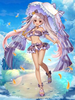 1girl :d baizu_(guszx) bare_shoulders bikini blue_eyes blush bow breasts cleavage cloud collarbone dark-skinned_female dark_skin flower frilled_bikini frills full_body hair_between_eyes hair_bow hair_ornament hairclip holding holding_umbrella leg_up lips long_hair looking_at_viewer mireille_lerner navel official_art open_hand open_mouth outdoors outstretched_arm pink_hair purple_bikini purple_bow purple_sandals red_eyes river sandals shironeko_project sidelocks sky small_breasts smile solo spread_fingers standing striped_bow swimsuit tachi-e teeth thighs third-party_source tree twintails umbrella upper_teeth_only very_long_hair yellow_petals