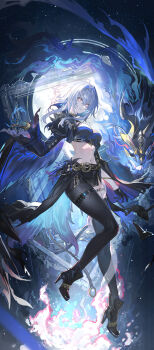 1girl black_boots black_jacket black_pantyhose black_shorts black_thighhighs blue_bra blue_hair boots bra breasts chimera_(wuthering_waves) colored_inner_hair commentary_request cropped_jacket echj fire full_body galbrena_(wuthering_waves) gold_choker grey_hair hair_between_eyes hand_up high_heel_boots high_heels highres jacket large_breasts medium_hair multicolored_hair navel pantyhose parted_lips picture_frame purple_eyes purple_wings shorts single_leg_pantyhose single_thighhigh single_wing stomach tacet_discord_(wuthering_waves) thighhighs thighs underwear wings wuthering_waves