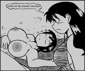 2girls angry azumanga_daiou beach breast_envy breasts dialogue_box greyscale kurosawa_minamo large_areolae large_breasts lying monochrome multiple_girls nahmona nipples on_back public_indecency public_nudity sleeping swimsuit tanizaki_yukari