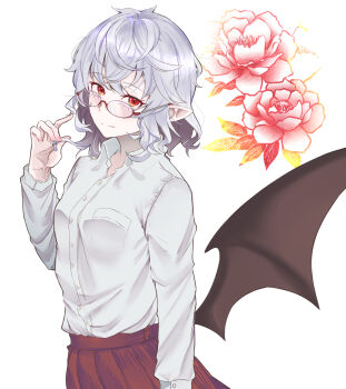 1girl alternate_costume bat_wings blue_hair collared_shirt fang flower glasses hair_between_eyes highres holding holding_own_hair kanaria_(bcomn) long_sleeves looking_at_viewer playing_with_hair playing_with_own_hair pointy_ears red_eyes red_skirt remilia_scarlet rose round_eyewear shirt short_hair simple_background skirt solo touhou white_background white_shirt wings