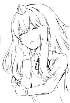 1girl :&lt; ahoge closed_eyes closed_mouth collared_shirt greyscale hair_between_eyes hand_on_own_cheek hand_on_own_elbow hand_on_own_face hand_up head_rest highres huge_ahoge long_hair long_sidelocks long_sleeves minami-ke minami_chiaki monochrome neck_ribbon official_art ribbon sakuraba_koharu scan school_uniform shirt sidelocks simple_background solo upper_body white_background winter_uniform