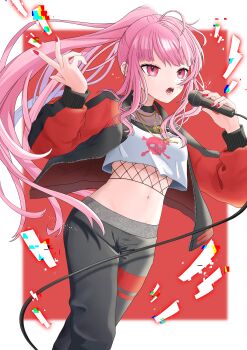 Rule 34 | 1girl, absurdres, aka tadaima, border, commentary, crop top, english commentary, fishnet top, fishnets, grey pants, highres, holding, holding microphone, hololive, hololive english, jacket, long hair, long sleeves, looking ahead, microphone, midriff, mori calliope, mori calliope (streetwear), music, navel, open mouth, pants, pink hair, ponytail, red eyes, red jacket, red nails, singing, skull and crossbones, solo, virtual youtuber, white border