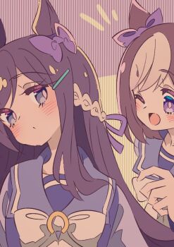 2girls animal_ears blush bow bowtie braid brown_hair commentary_request ear_bow hair_ornament hairclip honkawa_works horse_ears horse_girl long_hair mejiro_dober_(umamusume) multicolored_hair multiple_girls one_eye_closed open_mouth purple_bow purple_eyes purple_sailor_collar purple_serafuku purple_shirt sailor_collar sailor_shirt school_uniform serafuku shirt short_hair smile special_week_(umamusume) tracen_school_uniform two-tone_hair umamusume white_bow white_bowtie white_hair