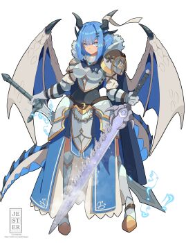 1girl armor armored_dress artist_logo blue_cape blue_eyes blue_hair boobplate breastplate breasts cape commentary commission dragon_girl dragon_horns dragon_tail dragon_wings dress dual_wielding english_commentary faulds full_armor full_body fur-trimmed_cape fur_trim gauntlets greaves grey_wings highres holding holding_sword holding_weapon horns jesternalagon large_breasts leg_armor logo looking_at_viewer medium_hair original pauldrons sabaton shoulder_armor simple_background solo standing sword tail weapon white_background wings