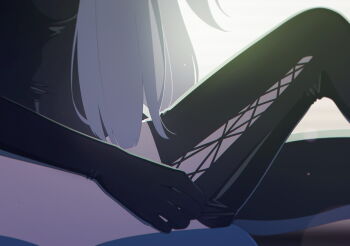 1girl artist_request blue_archive breasts from_side game_cg grey_hair highres latex latex_leotard latex_thighhighs leotard long_hair non-web_source official_alternate_costume official_art putting_on_legwear sakurako_(blue_archive) sakurako_(justina_uniform)_(blue_archive) solo thighhighs