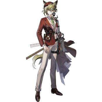 1boy animal_ears arknights arm_out_of_sleeve asymmetrical_hair belt bishounen brown_shoes collared_shirt figurino_(arknights) five-fall formal_clothes full_body green_hair green_necktie grey_pants hair_between_eyes hat highres jacket knife long_sleeves looking_at_viewer male_focus multicolored_hair necktie official_art pants pointy_ears red_hat red_jacket ruler scissors shirt shoes simple_background smile solo standing streaked_hair suit sword tachi-e tail third-party_source transparent_background utility_belt vest waistcoat weapon white_background white_pants white_shirt wolf_boy wolf_ears wolf_tail yellow_eyes