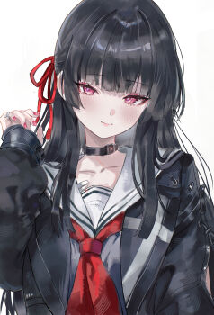 1girl absurdres black_choker black_hair black_jacket black_shirt blush breasts chisa_(wuthering_waves) choker closed_mouth collarbone commentary fingernails hair_ribbon hand_up highres jacket long_sleeves looking_at_viewer medium_breasts nail_polish neckerchief origonz red_eyes red_nails red_neckerchief red_ribbon ribbon sailor_collar shirt simple_background solo upper_body white_background white_sailor_collar wuthering_waves