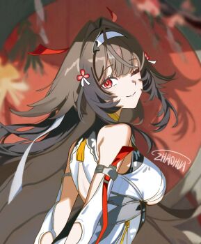 Rule 34 | 1girl, ;), animal ears, bare shoulders, breasts, brown hair, chinese commentary, commentary request, detached sleeves, droopy ears, from behind, hairband, highres, long hair, looking at viewer, looking back, one eye closed, red eyes, shadow, signature, smile, solo, upper body, white hairband, ye shunguang, zenless zone zero, zhaohua