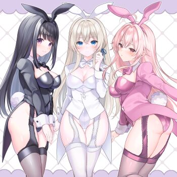 3girls absurdres animal_ear_hairband animal_ears ass black_bow black_bowtie black_hair black_hairband black_jacket black_leotard black_thighhighs blonde_hair blue_eyes blue_ribbon bow bowtie breasts cleavage closed_mouth commentary_request commission cosplay crossed_bangs curvy detached_collar fake_animal_ears fake_tail framed_breasts hair_ribbon hairband hand_up highleg highleg_leotard highres izayoi_arisa izayoi_arisa_(cosplay) jacket lace_garter_straps large_breasts leotard light_blush long_hair looking_at_viewer multiple_girls original parted_lips pink_bow pink_bowtie pink_hair pink_hairband pink_jacket pink_leotard pink_thighhighs pixiv_commission playboy_bunny purple_eyes rabbit_ear_hairband rabbit_ears rabbit_tail red_eyes ribbon smile sono_bisque_doll_wa_koi_wo_suru strapless strapless_leotard tail tailcoat_playboy_bunny thighhighs thighs torimarururu traditional_bowtie white_bow white_bowtie white_hairband white_jacket white_leotard white_thighhighs white_wrist_cuffs wrist_cuffs