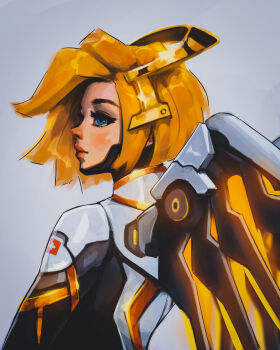 Rule 34 | 1girl, absurdres, blonde hair, blue eyes, bodysuit, closed mouth, commentary, english commentary, from behind, grey background, headpiece, highres, lips, looking up, mechanical wings, mercy (overwatch), nose, overwatch, parted hair, short hair, simple background, solo, titanartx, upper body, white bodysuit, wings