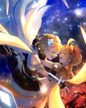 1boy 1girl aether_(genshin_impact) ahoge amanomiya_megu bare_shoulders blonde_hair blush brother_and_sister closed_eyes dress fire flower gauntlets genshin_impact hair_flower hair_ornament highres hug lumine_(genshin_impact) midriff shooting_star siblings sky smoke star_(sky) starry_sky white_dress white_flower