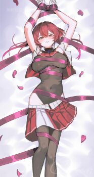 1girl absurdres arms_up ascot bed_sheet black_choker black_leotard black_thighhighs bound bound_arms bound_legs bound_wrists breasts brooch choker covered_navel cropped_jacket frilled_choker frills gold_trim hair_ribbon heterochromia highleg highleg_leotard highres hololive houshou_marine houshou_marine_(1st_costume) jacket jewelry large_breasts leotard leotard_under_clothes long_hair looking_at_viewer lying miniskirt on_back parted_lips petals pleated_skirt red_ascot red_eyes red_hair red_jacket red_ribbon red_skirt ribbon sidelocks skirt sleeveless sleeveless_jacket solo takeno_omoti thighhighs twintails virtual_youtuber yellow_eyes