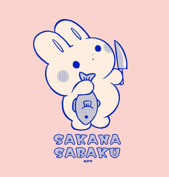 Rule 34 | animal, animal focus, artist name, ayu (mog), blush stickers, closed mouth, commentary, dot mouth, english commentary, fish, holding, holding animal, holding fish, holding knife, knife, mixed-language commentary, monochrome, original, pink background, rabbit, romaji commentary, simple background, solid circle eyes