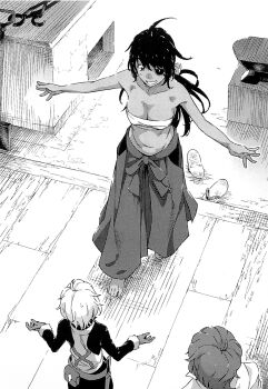 1boy 2girls anvil blacksmith_tongs breasts budget_sarashi chest_sarashi cleavage dark-skinned_female dark_skin dithering dungeon_ni_deai_wo_motomeru_no_wa_machigatteiru_darou_ka eyepatch finn_deimne from_above greyscale haimura_kiyotaka hakama hephaistos_(danmachi) highres japanese_clothes long_hair looking_at_another medium_breasts monochrome multiple_girls navel novel_illustration official_art outstretched_arms parted_lips sandals sarashi short_hair smile spread_arms standing stomach sword_oratoria third-party_source tsubaki_collbrande unworn_sandals