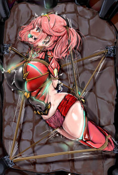 1girl ball_gag bdsm blush bondage bound breasts commentary_request commission didumesita gag highres large_breasts lying pyra_(xenoblade) red_eyes red_hair red_thighhighs restrained revealing_clothes rope shibari short_hair skeb_commission solo thick_thighs thighhighs thighs tiara underwater water xenoblade_chronicles_(series) xenoblade_chronicles_2