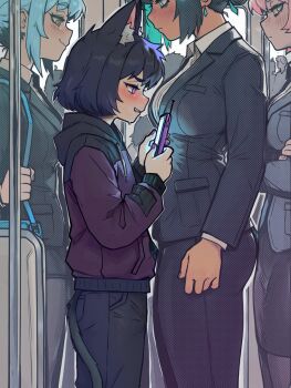 Rule 34 | animal ear fluff, animal ears, blue hair, blush, breasts, buttons, caffichai, cellphone, closed mouth, commentary, commission, cramped, drawstring, earrings, english commentary, feet out of frame, from side, green eyes, highres, holding, holding phone, jewelry, long sleeves, medium hair, multiple girls, original, pantyhose, parted lips, phone, pink hair, pocket, purple eyes, purple nails, sidelocks, smartphone, tail, wing collar