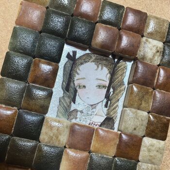 1girl acrylic_paint_(medium) blonde_hair bow braid commentary_request expressionless frills green_eyes hair_bow hair_ribbon highres karintoun long_hair looking_at_viewer original painting_(medium) pale_skin photo_(medium) portrait ribbon signature simple_background traditional_media twin_braids watercolor_(medium)