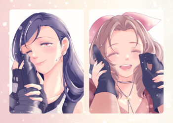 2boys 2girls aerith_gainsborough babigonice black_gloves black_hair blush brown_hair closed_eyes closed_mouth cloud_strife collarbone commentary couple dress earrings english_commentary facing_viewer final_fantasy final_fantasy_vii final_fantasy_vii_remake fingerless_gloves glint gloves hair_behind_ear hair_ribbon hand_on_another's_cheek hand_on_another's_face hetero jacket jewelry light_particles lipgloss looking_at_viewer multiple_boys multiple_girls one_eye_closed open_clothes open_jacket open_mouth parted_bangs pink_dress pink_lips pink_ribbon pov pov_hands red_eyes red_jacket ribbon smile swept_bangs tank_top teardrop_earrings tifa_lockhart upper_body white_tank_top zack_fair