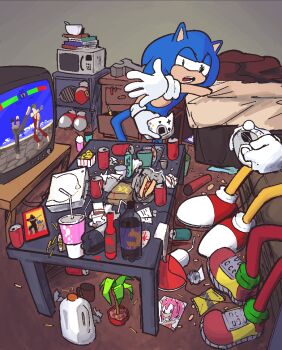 Rule 34 | 1boy, 2boys, 3boys, animal ears, animal nose, ashtray, bag of chips, bed, bedroom, blue fur, blue hair, bodysuit, book, bottle, box, can, cardboard box, chips (food), controller, couch, crt, cup, disposable cup, drawer, drink, drink can, drinking straw, fast food, figure, food, french fries, furry, furry male, game console, game controller, gloves, green eyes, half-closed eyes, hedgehog, holding, holding controller, hot dog, indoors, jug (bottle), ketchup bottle, looking at viewer, male focus, messy room, multiple boys, open mouth, outstretched arm, paper, pillow, plant, playing games, playing video games, plow (witch parfait), popcorn, poster (object), potato chips, potted plant, red bodysuit, rug, sega dreamcast, shoes, short tail, sneakers, socks, soda, soda bottle, soda can, sonic (series), sonic the hedgehog, spill, standing, table, tail, teeth, television, tissue box, trash, used tissue, virtua fighter, watching television, white gloves