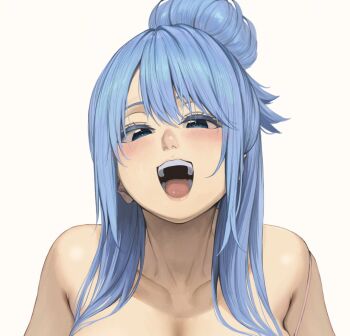 1girl :d aqua_(konosuba) blue_eyes blue_hair blush breasts collarbone hair_bun highres izawa_(bhive003) kono_subarashii_sekai_ni_shukufuku_wo! large_breasts nude open_mouth portrait simple_background single_hair_bun smile solo teeth tongue white_background