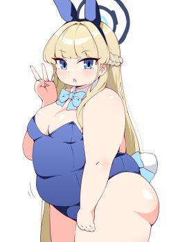 Rule 34 | 1girl, animal ear hairband, animal ears, bare shoulders, blonde hair, blue archive, blue eyes, blue hairband, blue leotard, blunt bangs, bow, bowtie, braid, breasts, cleavage, covered navel, crown braid, detached collar, fake animal ears, fat, fat woman, from side, hairband, halo, highres, leotard, long hair, looking at viewer, medium breasts, open mouth, playboy bunny, rabbit ear hairband, rabbit ears, rabbit tail, shiyo hodaka, solo, standing, tail, thick arms, thick thighs, thighs, toki (blue archive), toki (bunny) (blue archive), v, very long hair, white background