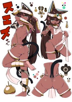 1girl ancient_egyptian animal_ears armlet ass back barefoot breasts brown_hair cat_ears cat_girl cat_tail cobra_(animal) commentary_request dai_yasude fang full_body green_eyes highres jewelry loli long_hair looking_at_viewer mesugaki multiple_views navel original pelvic_curtain reference_sheet small_breasts smile soles standing standing_on_one_leg suez-chan tail thighlet toes very_long_hair