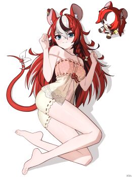 1girl :3 absurdres animal_ear_fluff animal_ears babydoll barefoot black_hair blue_eyes bow breasts cleavage_cutout closed_mouth clothing_cutout colored_tips commentary double-parted_bangs feet front_slit full_body hair_between_eyes hakos_baelz hakos_baelz_(strawberry_onesie) highres hololive hololive_english long_hair looking_at_viewer lying medium_breasts mouse_ears mouse_girl mouse_tail multicolored_hair navel official_alternate_costume polka_dot_babydoll red_hair short_shorts shorts simple_background smol_baelz solo strap_slip streaked_hair tail tail_bow tail_ornament toes virtual_youtuber white_background white_hair x_xith_x yellow_babydoll yellow_shorts