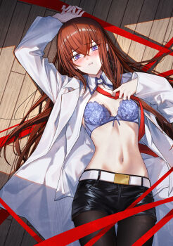 1girl art_program_in_frame black_pantyhose blue_bra bra breasts brown_hair commentary_request dress_shirt groin highres lace lace-trimmed_bra lace_trim long_hair long_sleeves looking_at_viewer lying makise_kurisu navel necktie on_back open_clothes open_shirt pantyhose removing_necktie science_adventure shirase_rin shirt short_shorts shorts solo steins;gate stomach underwear unfinished white_shirt