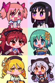 6+girls akemi_homura akemi_homura_(magical_girl) animal_ears arm_at_side arms_at_sides beanie beret black_gloves black_hair black_hairband black_headwear black_outline black_ribbon blonde_hair blue_eyes blue_hair blush_stickers breasts buttons cape capelet chibi clenched_hand clothing_cutout detached_sleeves drill_hair elbow_gloves expressionless eyelashes fake_animal_ears female_focus fingerless_gloves flat_chest flower fortissimo frilled_sleeves frills fur-trimmed_capelet fur_trim gloves grey_capelet grey_hair hair_between_eyes hair_flower hair_ornament hair_ribbon hairband hairclip hairpin hand_up hands_on_own_hips happy hat high_ponytail highres jitome kaname_madoka kaname_madoka_(magical_girl) mahou_shoujo_madoka_magica mahou_shoujo_madoka_magica:_hangyaku_no_monogatari matching_hair/eyes miki_sayaka miki_sayaka_(magical_girl) momoe_nagisa momoe_nagisa_(magical_girl) multiple_girls musical_note musical_note_hair_ornament neck_ribbon no_mouth no_nose open_mouth orange_capelet orange_eyes outline outstretched_arms pink_background pink_eyes pink_hair pink_ribbon pom_pom_(clothes) ponytail puffy_short_sleeves puffy_shorts puffy_sleeves purple_eyes purple_ribbon red_eyes red_hair ribbon sakura_kyoko sakura_kyoko_(magical_girl) short_hair short_sleeves shorts simple_background skirt small_breasts soul_gem split_screen star_(symbol) star_in_eye suspender_shorts suspenders symbol_in_eye tareme tomoe_mami tomoe_mami_(magical_girl) tsurime twin_drills twintails two_side_up upper_body v-shaped_eyebrows v_arms wavy_hair white_cape white_gloves yellow_eyes yellow_ribbon yellow_skirt yooki_(winter_cakes)