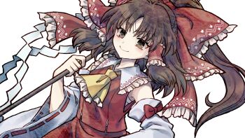 1girl ascot bow brown_eyes brown_hair closed_mouth detached_sleeves frilled_bow frilled_hair_tubes frills game_cg gohei hair_bow hair_tubes hakurei_reimu highres holding holding_gohei long_hair looking_at_viewer marisa_of_liartop_mountain non-web_source official_art red_bow red_skirt ribbon-trimmed_sleeves ribbon_trim second-party_source skirt skirt_set smile socha solo touhou transparent_background yellow_ascot