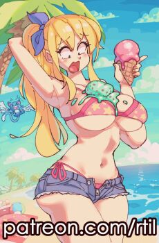 &gt;_&lt; 1girl ;q arm_behind_head artist_name beach bikini blonde_hair blue_cat blue_ribbon blue_sky breasts brown_eyes cat commentary cowboy_shot cutoffs denim denim_shorts english_commentary fairy_tail food food_on_body food_on_breasts hair_ribbon happy_(fairy_tail) highres holding holding_food holding_ice_cream ice_cream ice_cream_cone ice_cream_cone_spill large_breasts long_hair looking_at_viewer looking_down lucy_heartfilia multiple_scoops navel one_eye_closed open_fly open_mouth paid_reward_available palm_tree patreon_username pink_bikini ponytail ribbon rtil short_shorts shorts sky solo strap_gap swimsuit tongue tongue_out tree watermark web_address