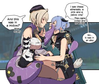 2girls absurdres accessories animal_ears bare_shoulders beret black_bow black_hat black_nails black_unitard blurry blurry_background blush bow bra breasts choker cleavage collarbone detached_sleeves english_text eye_contact from_side goat_ears goat_girl goat_horns goat_tail green_bra green_eyes hair_between_eyes hat high-waist_shorts highres hood horns key key_choker large_breasts looking_at_another lucia_elowen medium_breasts monster_girl multiple_girls open_mouth pointy_ears purple_eyes scylla shirt short_tail shorts single_bare_shoulder sitting speech_bubble suction_cups tail tentacle_girl tentacle_tail tentacles underwear white_background white_shirt white_sleeves yidhari_murphy yuri zanqi zenless_zone_zero