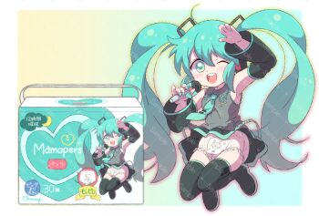 1girl ahoge bare_shoulders black_boots black_skirt black_sleeves blue_eyes blue_hair blue_nails blue_necktie boots brand_name_imitation breasts collared_shirt commentary detached_sleeves diaper diaper_package diaper_under_clothes ecstasy_mamo full_body grey_shirt hair_between_eyes hand_on_own_head hatsune_miku holding holding_microphone loli long_hair long_sleeves looking_at_viewer microphone necktie one_eye_closed open_mouth pampers print_diaper pull-up_diaper sample_watermark shirt sidelocks skindentation skirt sleeveless sleeveless_shirt small_breasts smile solo symbol-only_commentary teeth thigh_boots tie_clip twintails upper_teeth_only upskirt very_long_hair vocaloid watermark wide_sleeves